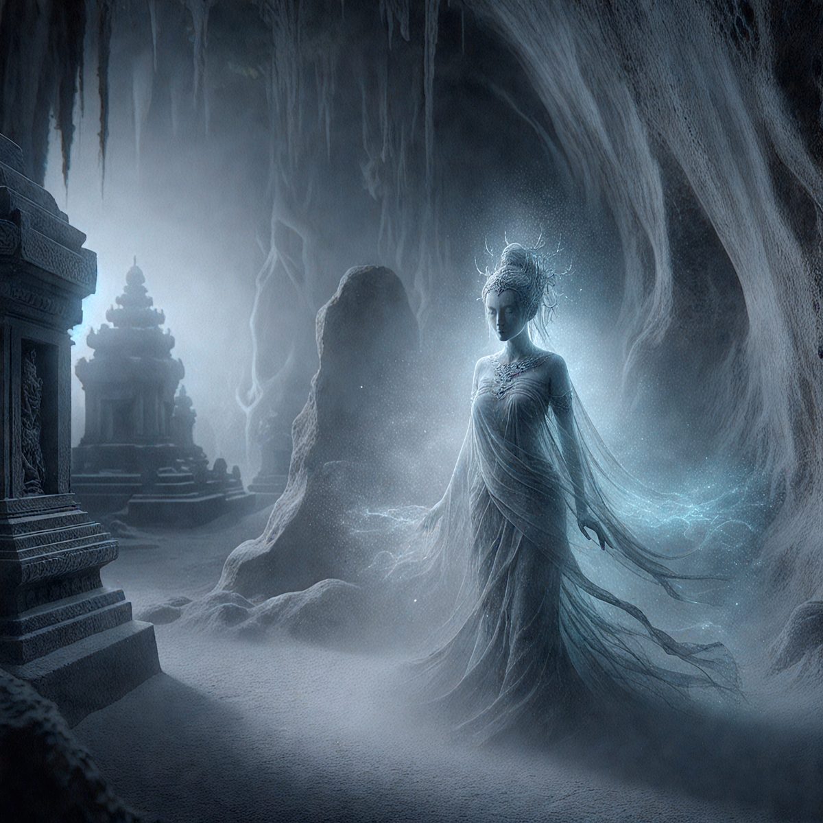 The primary subject of the image is a woman dressed in a white gown, standing in a cave. The setting is a dark, cavernous environment with a rocky background. The visual style is a digital art or illustration, creating a dramatic and mysterious atmosphere. The colors are predominantly dark, with the woman's white gown standing out against the darker surroundings.